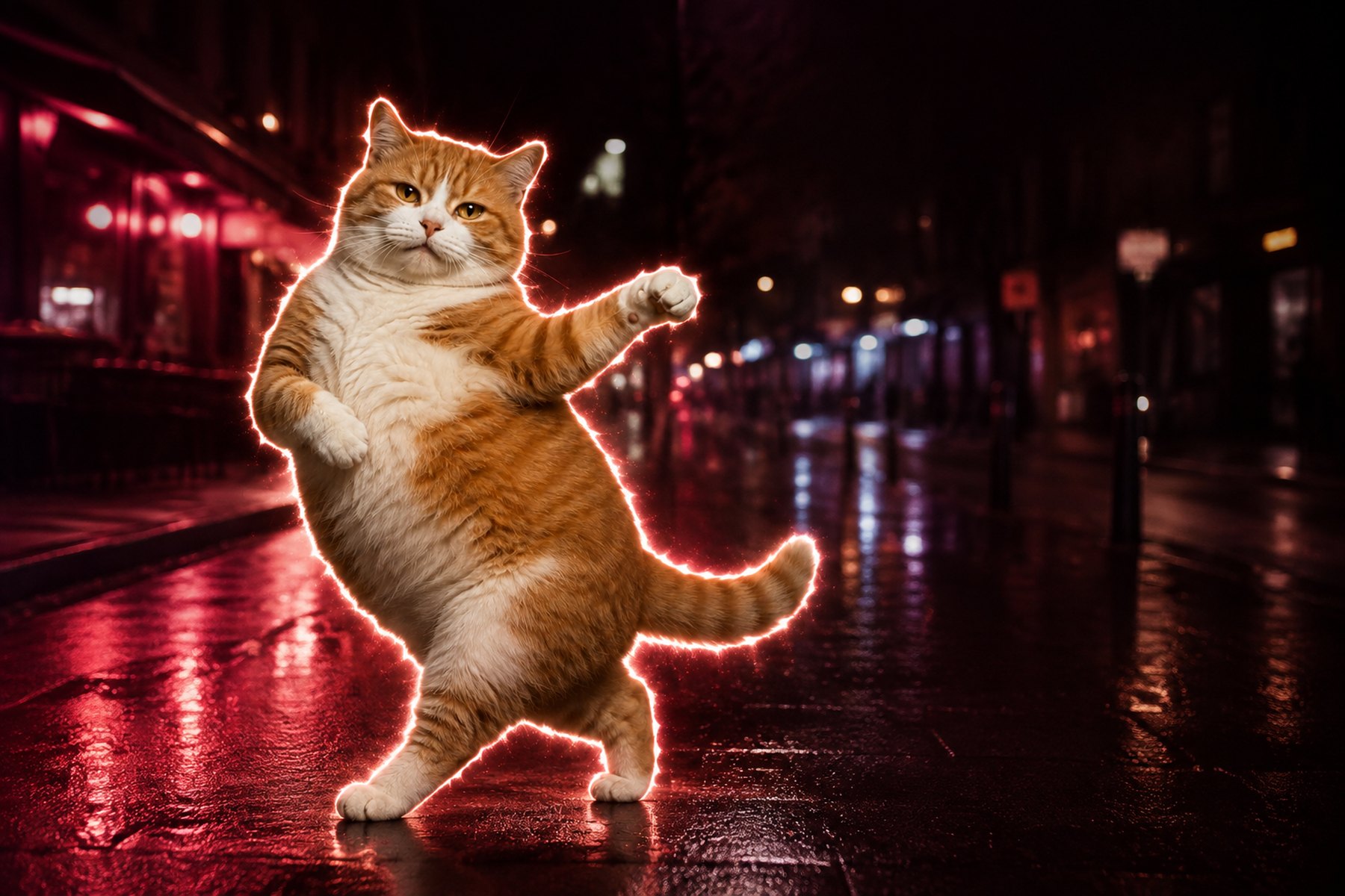 Purrouette dancing in the middle of a rain-slicked street at night, neon reflections stretching away behind him