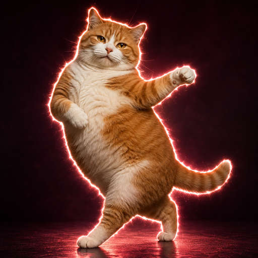 Purrouette: a large ginger cat outlined in hot pink neon, up on his hind legs mid-dance